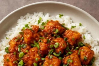 Plate of crispy spicy tofu garnished with herbs and served with dipping sauce.