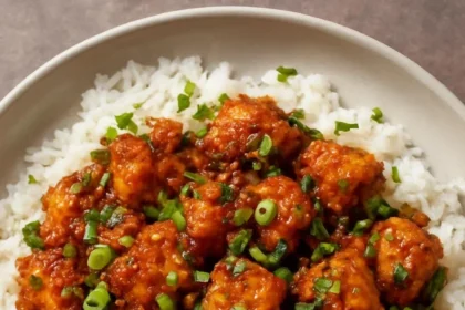 Plate of crispy spicy tofu garnished with herbs and served with dipping sauce.