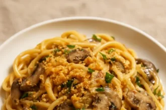 Easy 1 pot mushroom tetrazzini served in a bowl with a sprinkle of parsley