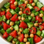 Bowl of Easy Balela Salad with chickpeas, parsley, and fresh vegetables