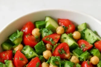 Bowl of Easy Balela Salad with chickpeas, parsley, and fresh vegetables