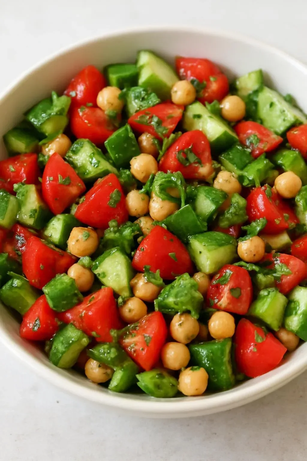 Bowl of Easy Balela Salad with chickpeas, parsley, and fresh vegetables
