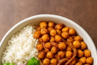 Ethiopian Berbere Spiced Chickpea Bowl topped with fresh herbs and veggies
