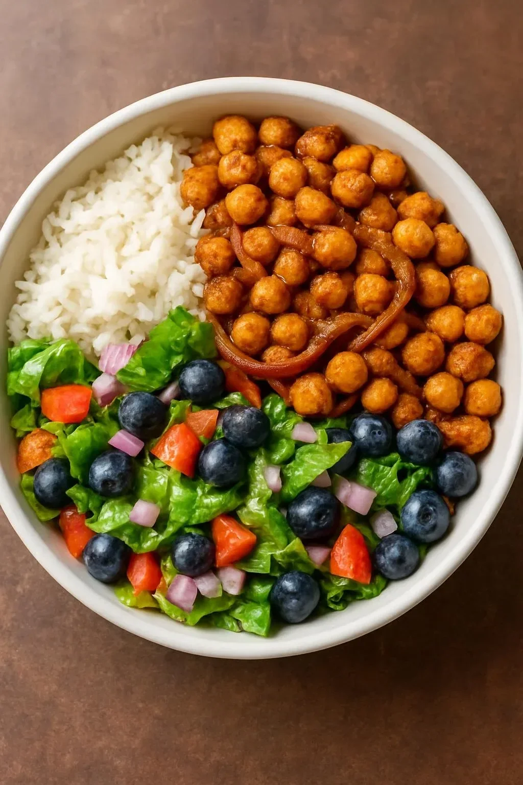 Ethiopian Berbere Spiced Chickpea Bowl topped with fresh herbs and veggies