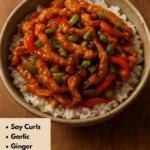 Delicious General Tso's Soy Curls served with vegetables and sauce