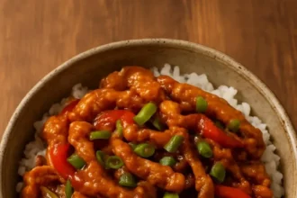 Delicious General Tso's Soy Curls served with vegetables and sauce