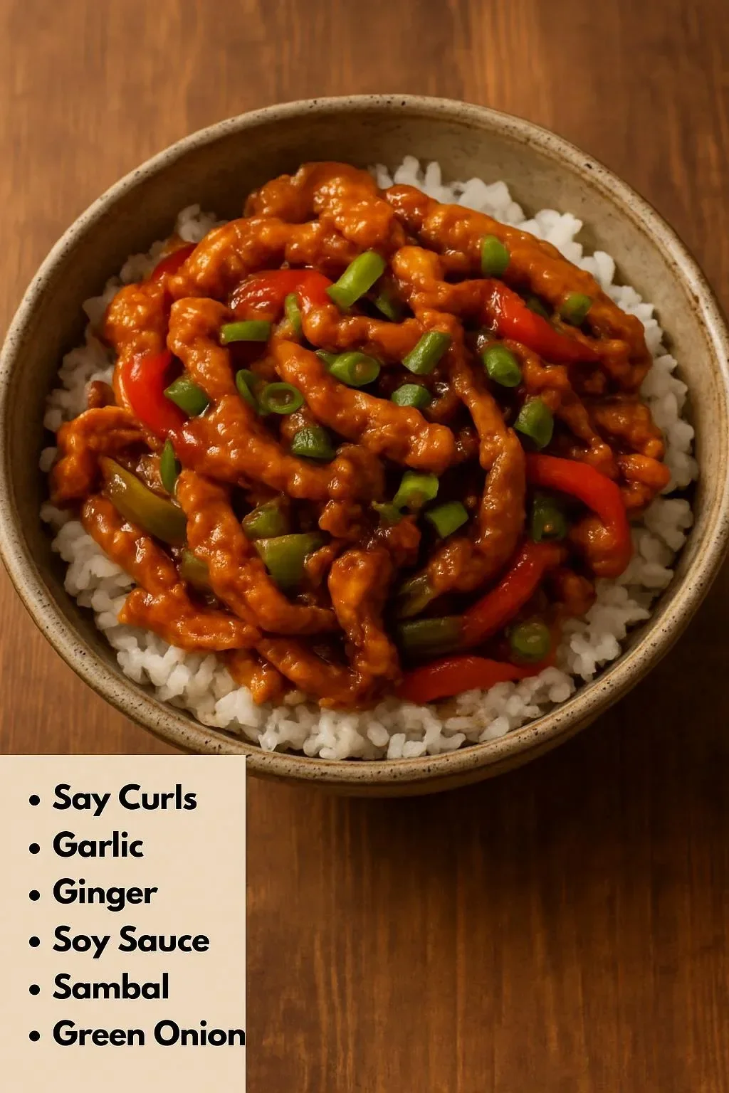 Delicious General Tso's Soy Curls served with vegetables and sauce