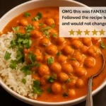 Delicious serving of Indian Butter Chickpeas in a bowl with naan and cilantro.