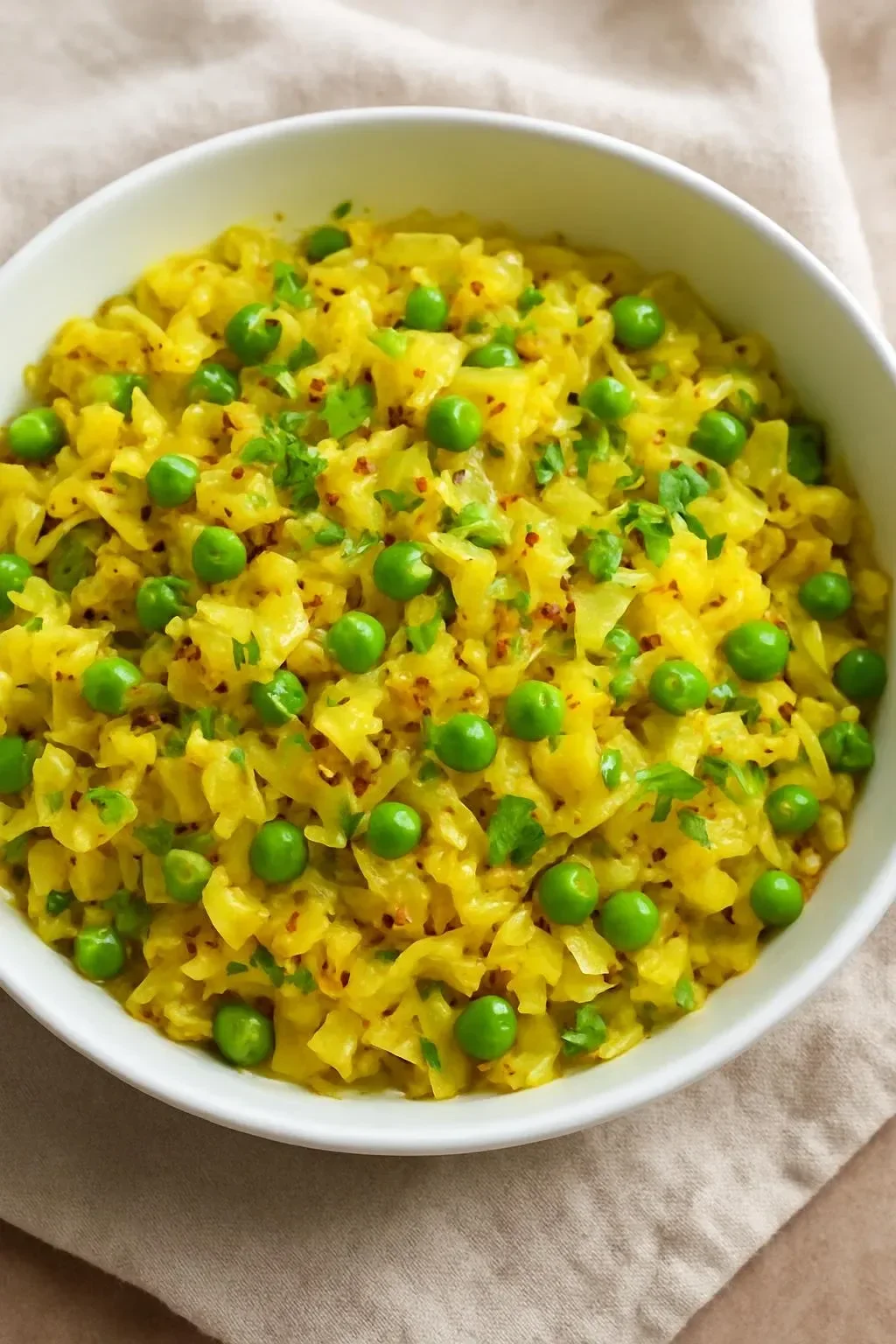 A bowl of Instant Pot Indian Cabbage and Peas, showcasing vibrant colors and healthy ingredients.