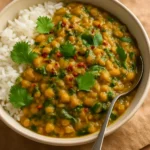 Bowl of Jamaican Cannellini Lentil Curry garnished with fresh herbs