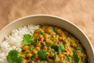 Bowl of Jamaican Cannellini Lentil Curry garnished with fresh herbs