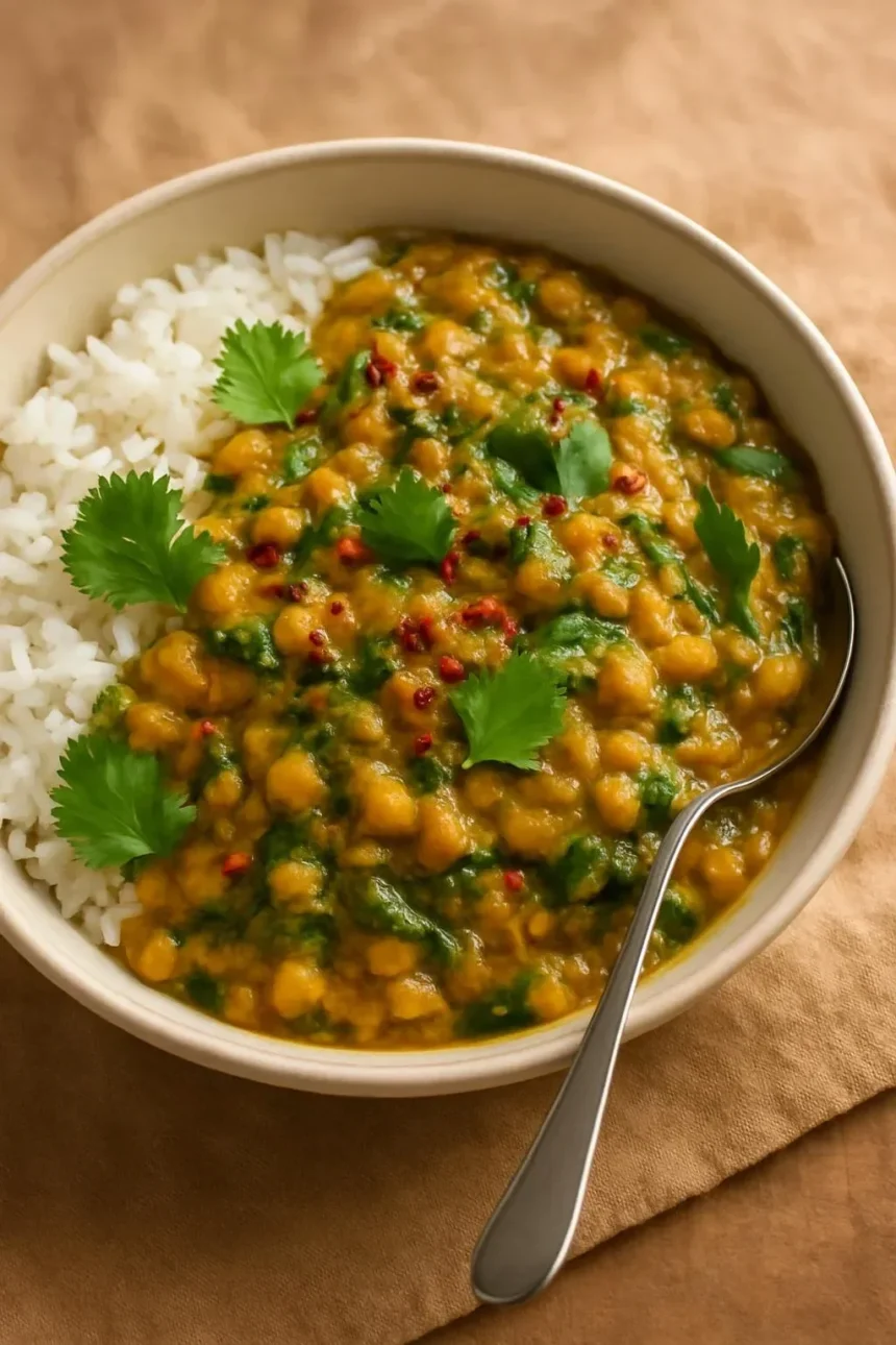 Bowl of Jamaican Cannellini Lentil Curry garnished with fresh herbs