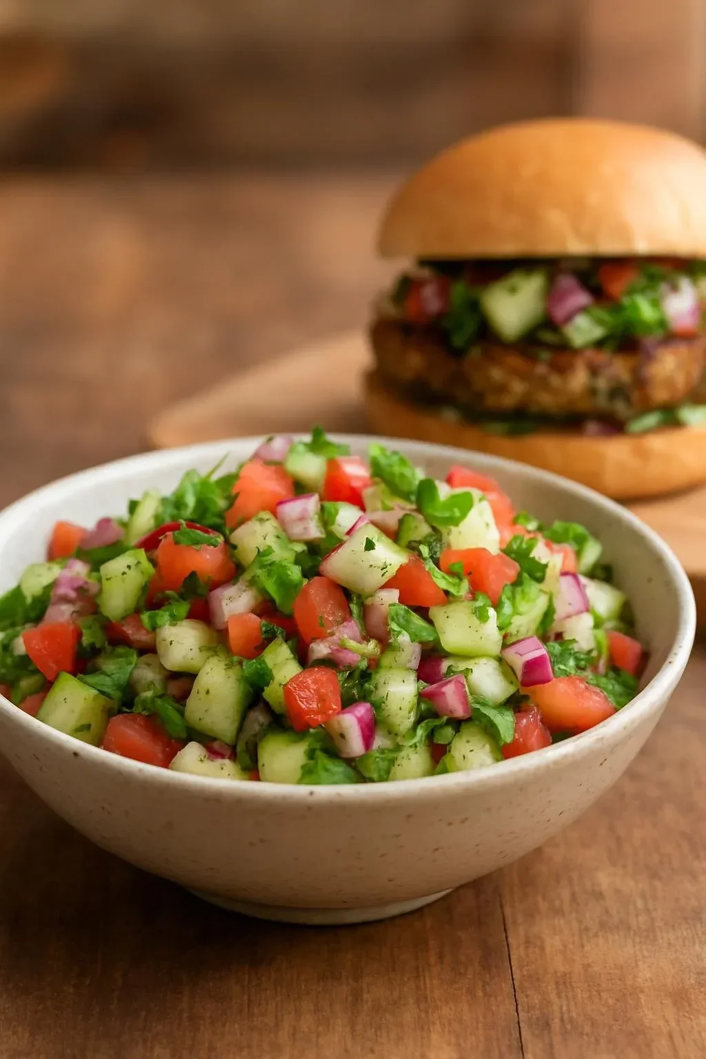 Kachumber Salad with chopped vegetables and herbs in a bowl
