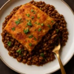 Lentil Keema Pav Casserole topped with fresh herbs and served in a baking dish.