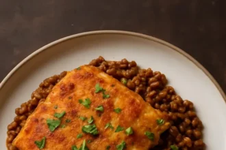 Lentil Keema Pav Casserole topped with fresh herbs and served in a baking dish.