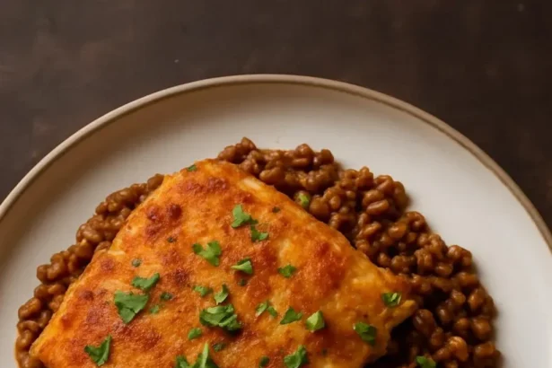 Lentil Keema Pav Casserole topped with fresh herbs and served in a baking dish.