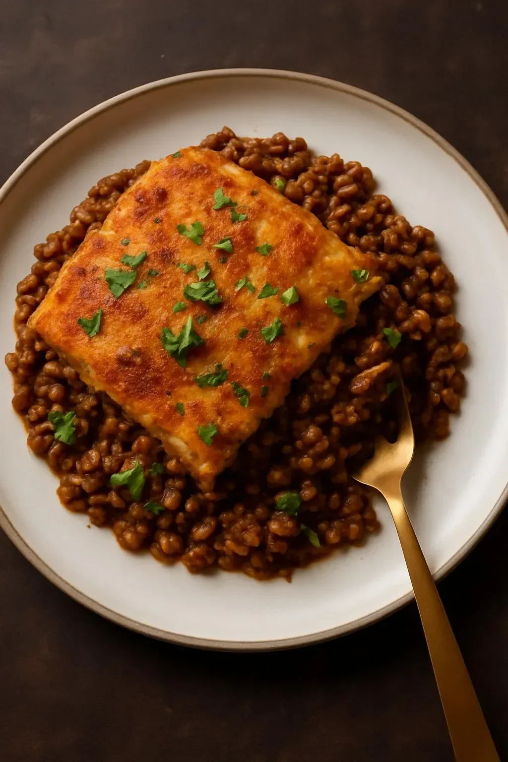 Lentil Keema Pav Casserole topped with fresh herbs and served in a baking dish.