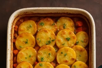 Creamy Mushroom Potato Casserole topped with herbs and cheese