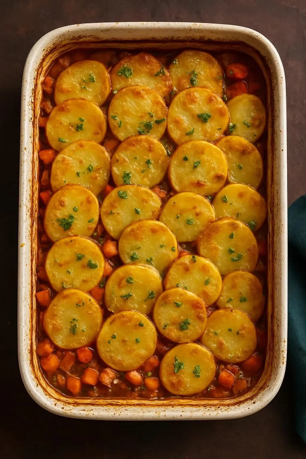Creamy Mushroom Potato Casserole topped with herbs and cheese