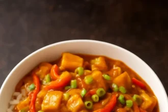Peanut Butter and Miso Gochujang Tofu Stir-fry dish served with vegetables.