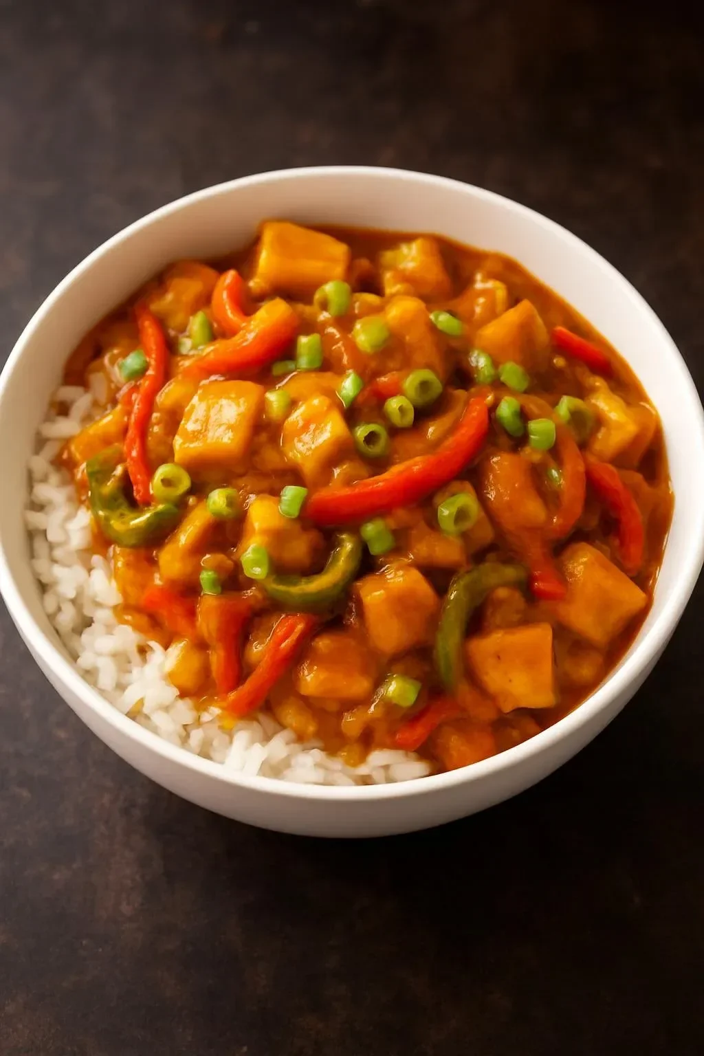 Peanut Butter and Miso Gochujang Tofu Stir-fry dish served with vegetables.