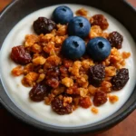 Bowl of homemade red lentil granola with nuts and dried fruits