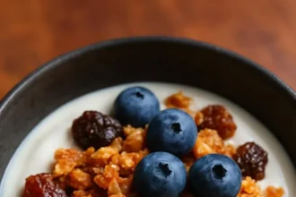 Bowl of homemade red lentil granola with nuts and dried fruits