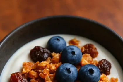 Bowl of homemade red lentil granola with nuts and dried fruits