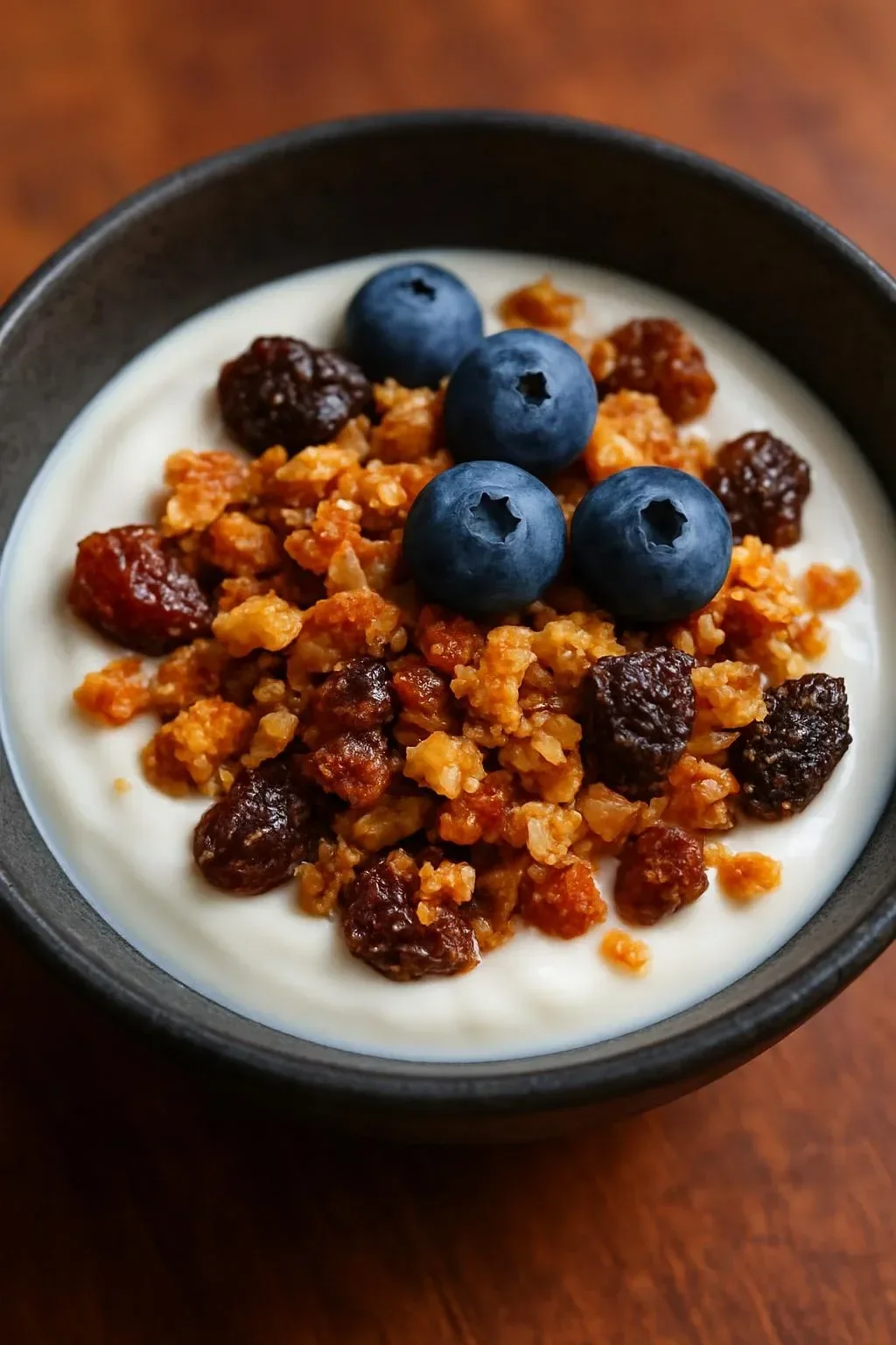 Bowl of homemade red lentil granola with nuts and dried fruits