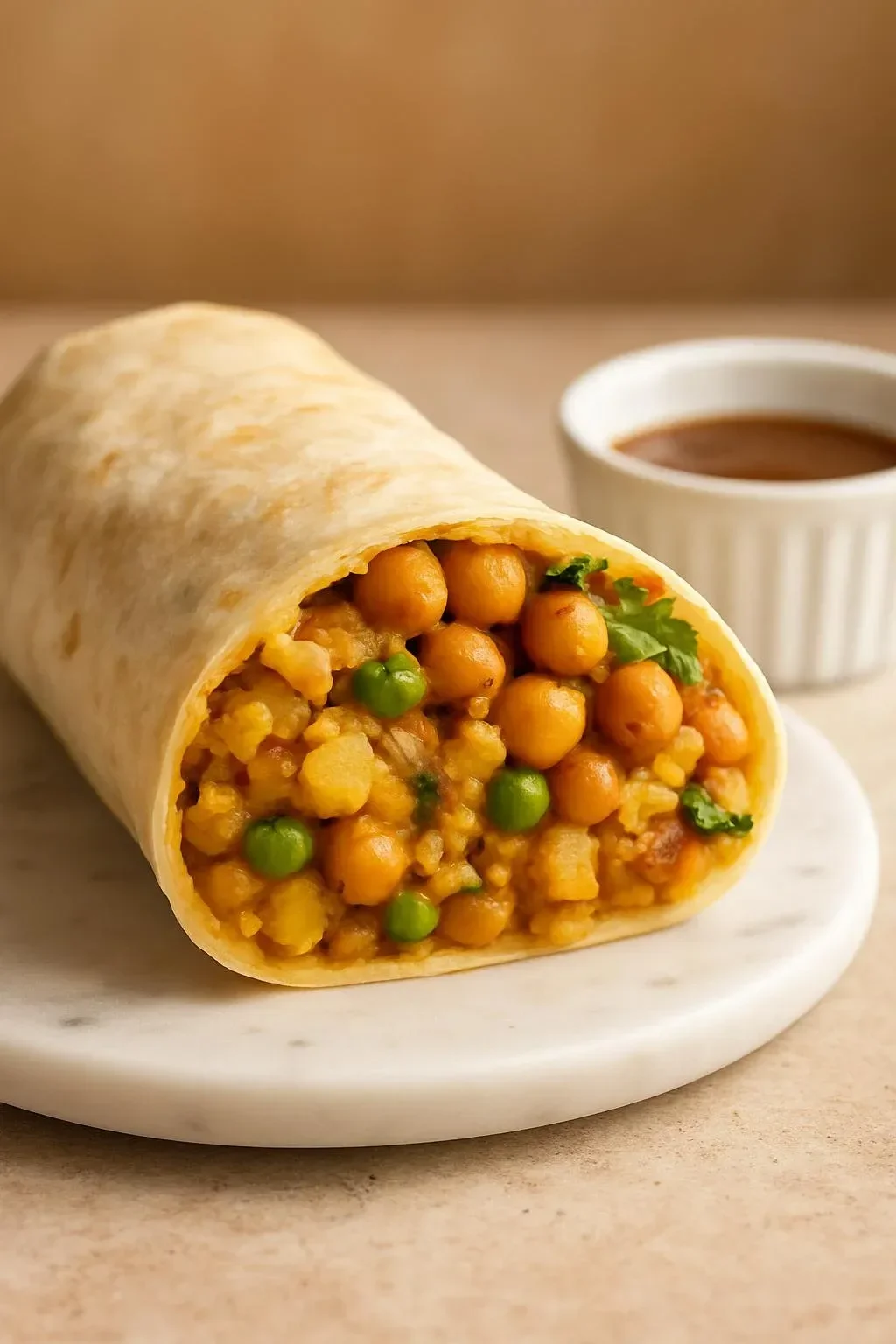 Delicious samosa burrito filled with spiced potatoes and savory ingredients