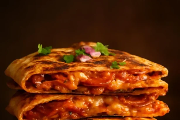 Sheet pan pepperoni pizza quesadilla, crispy and cheesy with pepperoni slices