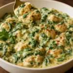 Delicious spinach artichoke gnocchi served on a plate with herbs and cheese
