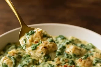 Delicious spinach artichoke gnocchi served on a plate with herbs and cheese