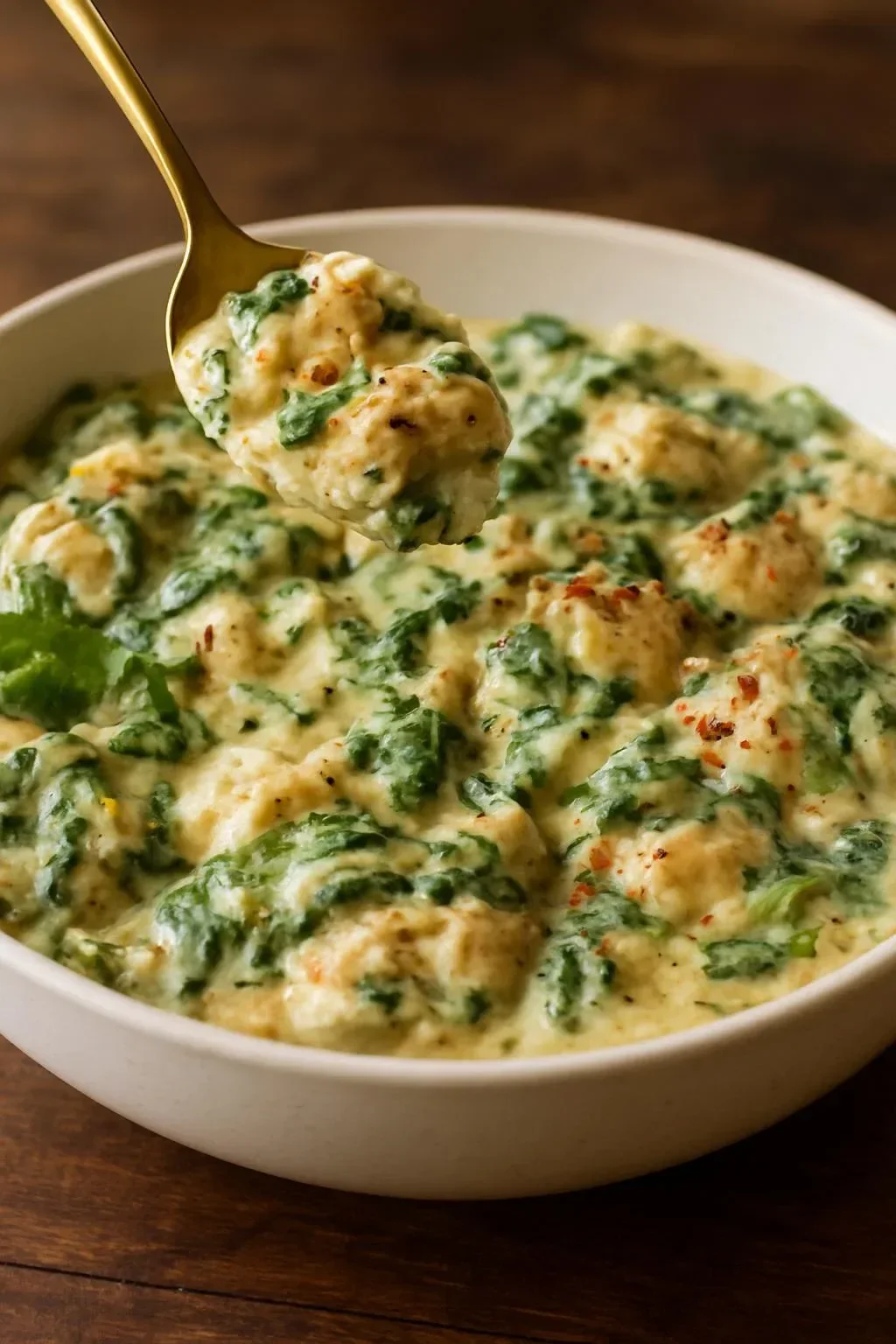 Delicious spinach artichoke gnocchi served on a plate with herbs and cheese