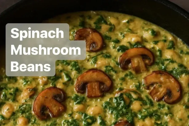 Healthy dish of spinach mushroom beans served in a bowl.