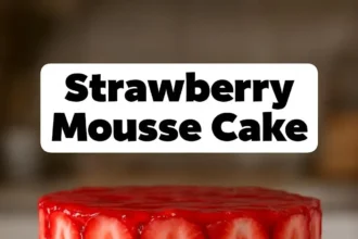 Deliciously layered Strawberry Mousse Cake with fresh strawberries