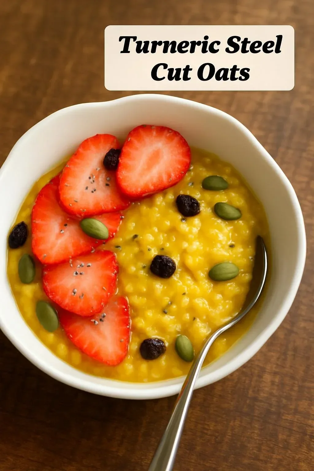 Bowl of Turmeric Steel Cut Oats topped with fruits and nuts