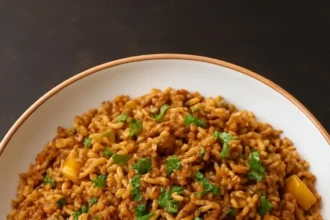 A bowl of Vegan Cajun Dirty Rice topped with fresh herbs and spices.