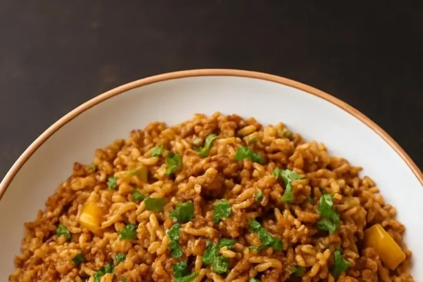 A bowl of Vegan Cajun Dirty Rice topped with fresh herbs and spices.