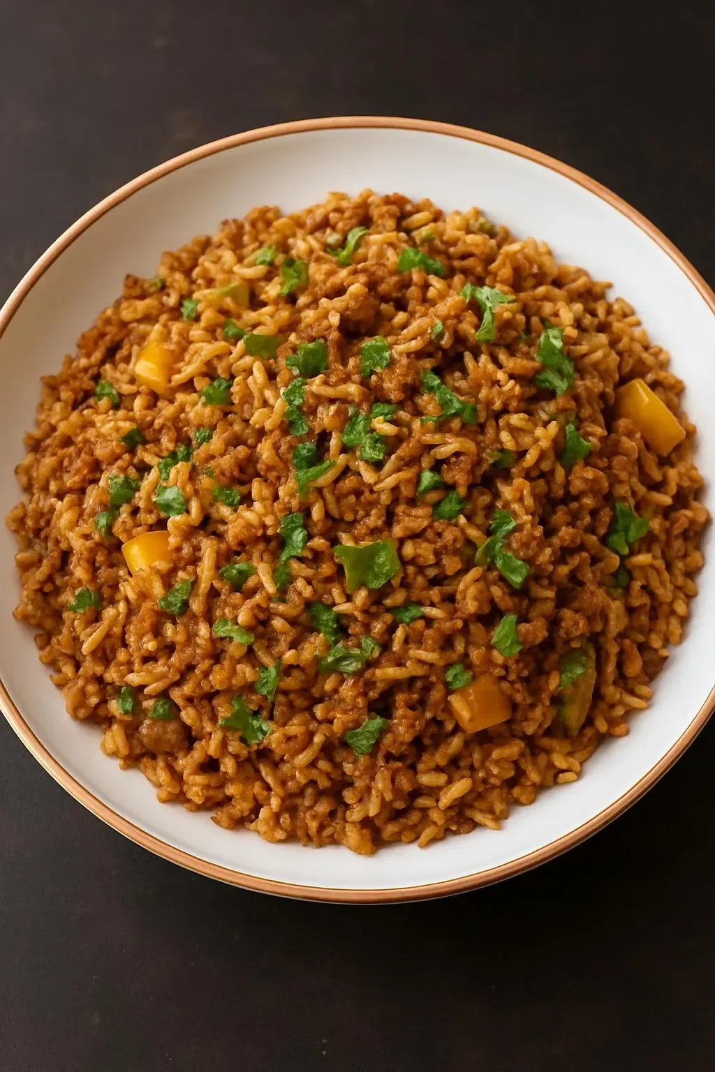 A bowl of Vegan Cajun Dirty Rice topped with fresh herbs and spices.