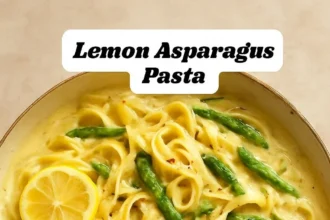 Bowl of Vegan Lemon Asparagus Pasta with bright lemon and fresh asparagus