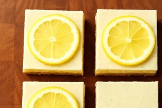 A plate of homemade vegan lemon bars garnished with lemon slices.