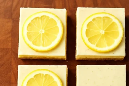A plate of homemade vegan lemon bars garnished with lemon slices.