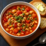Bowl of vegan minestrone soup with white beans and fresh vegetables