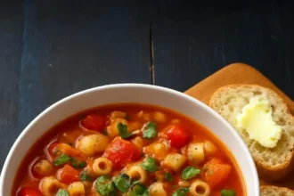 Bowl of vegan minestrone soup with white beans and fresh vegetables