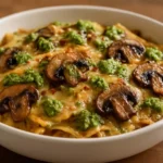 A delicious serving of vegan pesto skillet lasagna topped with fresh basil.