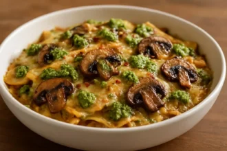A delicious serving of vegan pesto skillet lasagna topped with fresh basil.
