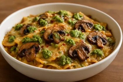 A delicious serving of vegan pesto skillet lasagna topped with fresh basil.