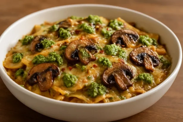 A delicious serving of vegan pesto skillet lasagna topped with fresh basil.