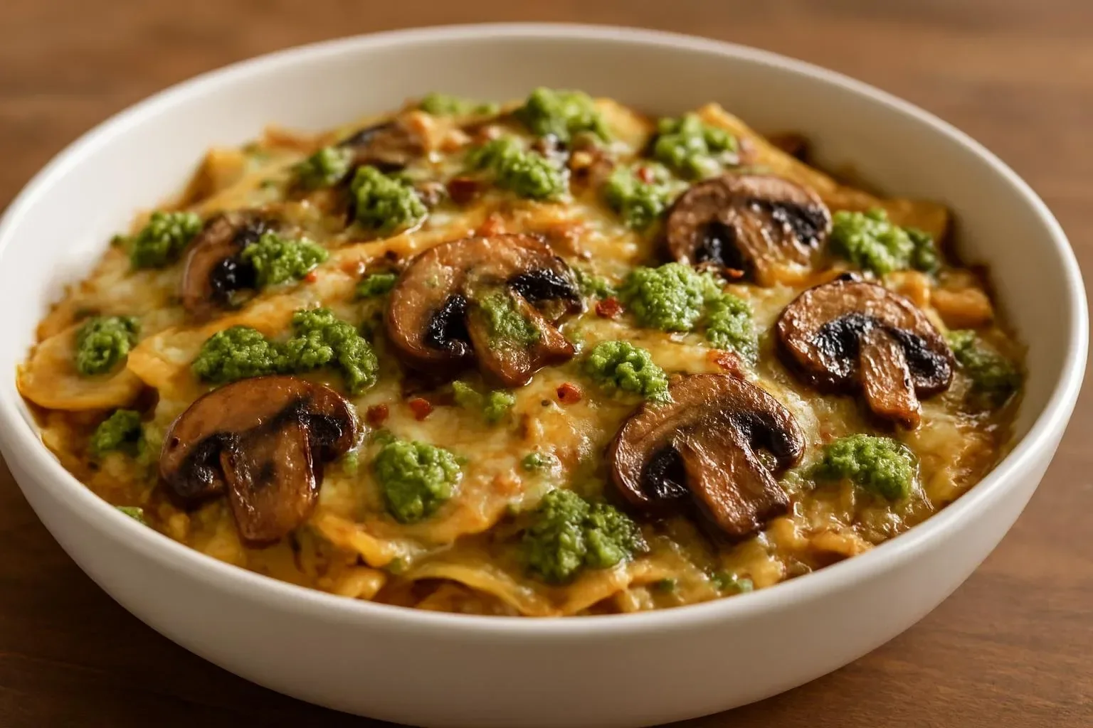 A delicious serving of vegan pesto skillet lasagna topped with fresh basil.